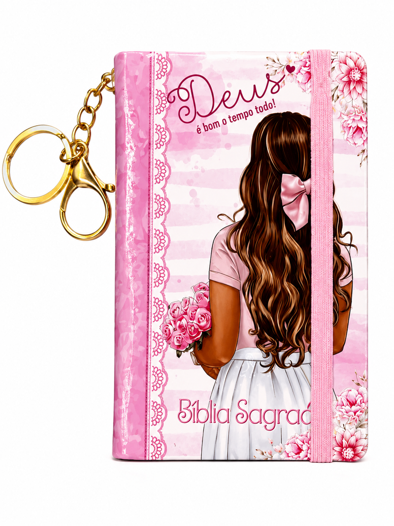 Mini Bíblia de Bolso e Chaveiro O Novo Testamento & Salmos e Provérbios - ACF Feminina Capa Dura Rosa Deus é Bom