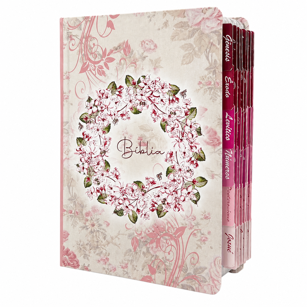 Bíblia Circulo Floral Rosa Letra Gigante Capa Flexível Com Harpa E Abas Coladas Feminina Arc