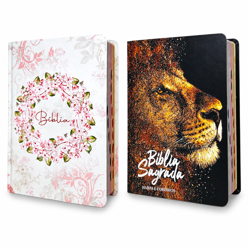 Kit 2 Bíblias Cristãs Casal Circulo Floral e Levantado Capa Dura Letra Hipergigante ARC Índice Feminina & Masculina