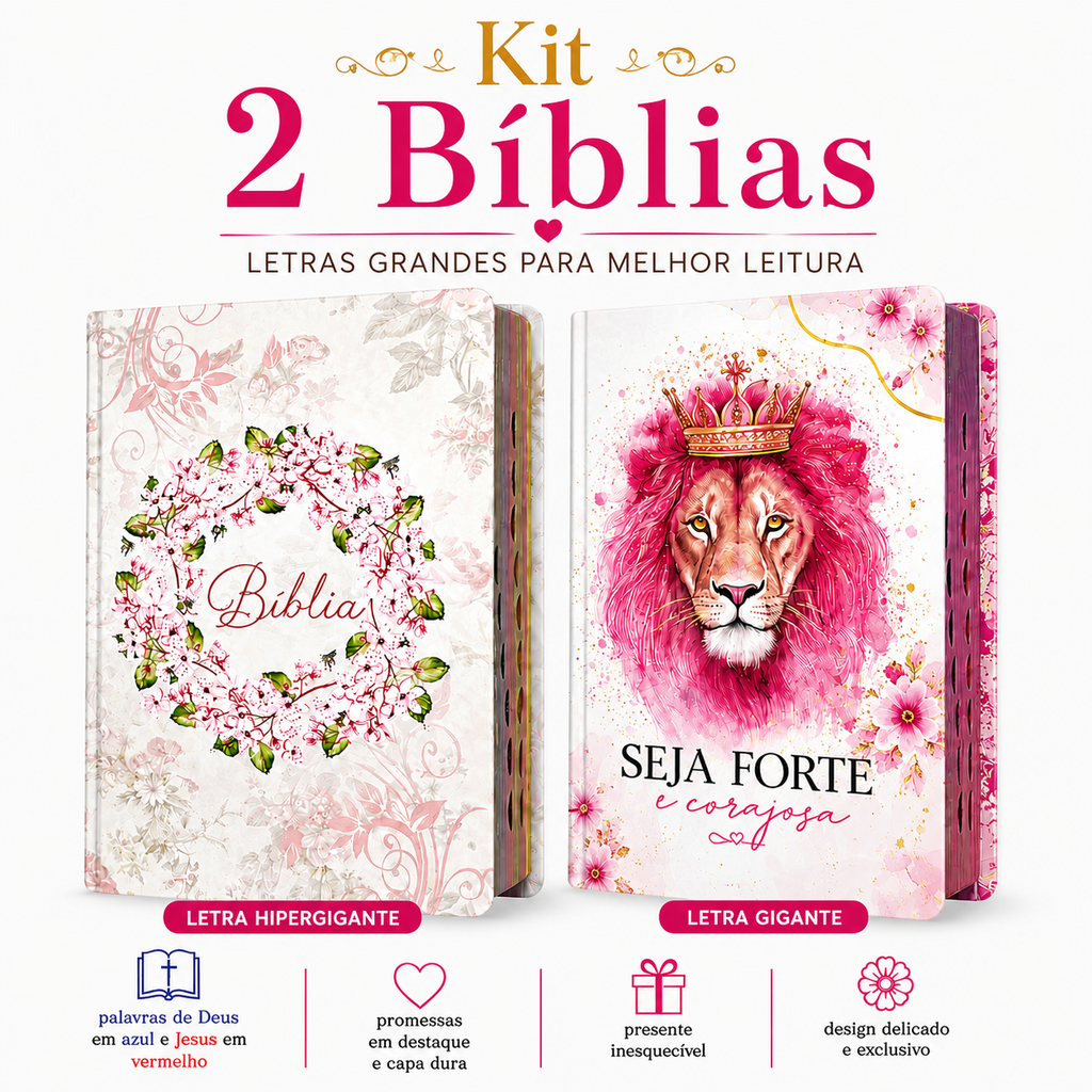 Kit 2 Bíblias Femininas Sagradas Capa Dura Letra Gigante e Hipergigante Harpa ARC Circulo Floral e Seja Forte