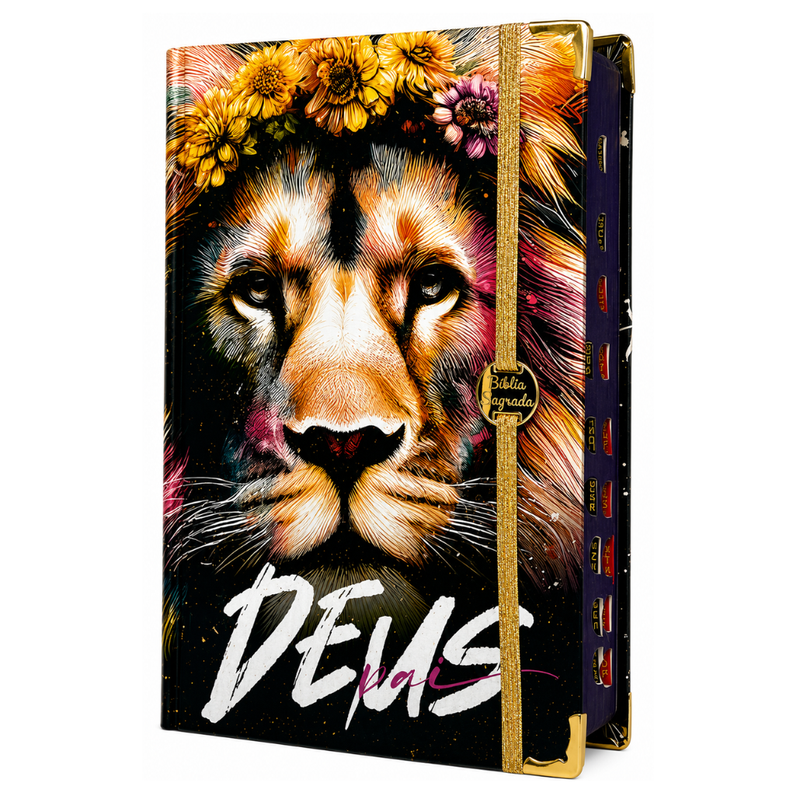 Bíblia Capa Dura Com Elástico Dourado e Medalhão Letra Gigante - Leão Deus Pai + Índice