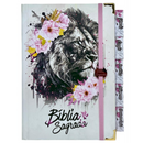 Bíblia Capa Dura Com Elástico Rosa E Medalhão Letra Gigante Com Harpa - Leão Flores Rosa E Aba Feminina