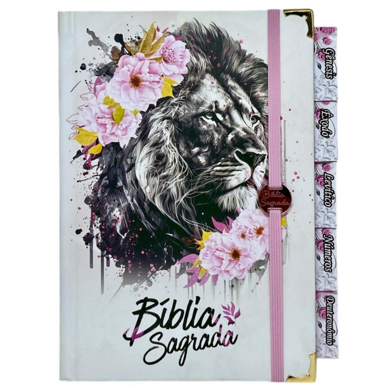 Bíblia Capa Dura Com Elástico Rosa E Medalhão Letra Gigante Com Harpa - Leão Flores Rosa E Aba Feminina
