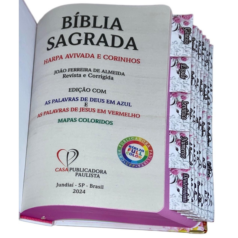 Bíblia Capa Dura Com Elástico Rosa E Medalhão Letra Gigante Com Harpa - Leão Flores Rosa E Aba Feminina