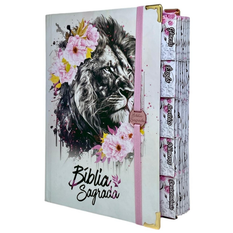 Bíblia Capa Dura Com Elástico Rosa E Medalhão Letra Gigante Com Harpa - Leão Flores Rosa E Aba Feminina