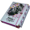 Bíblia Capa Dura Com Elástico Rosa E Medalhão Letra Gigante Com Harpa - Leão Flores Rosa E Aba Feminina