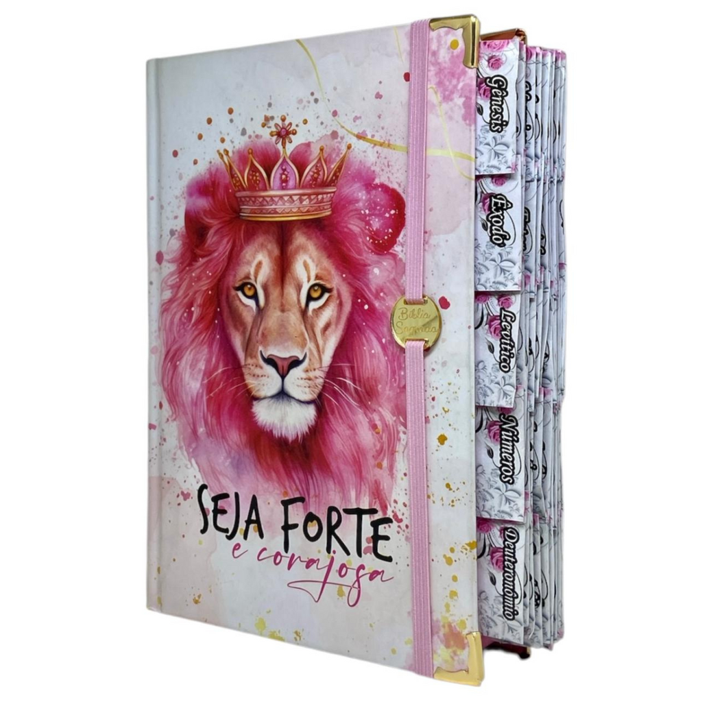 Bíblia Capa Dura Com Elástico Rosa E Medalhão Letra Gigante Com Harpa - Seja Forte E Aba Feminina
