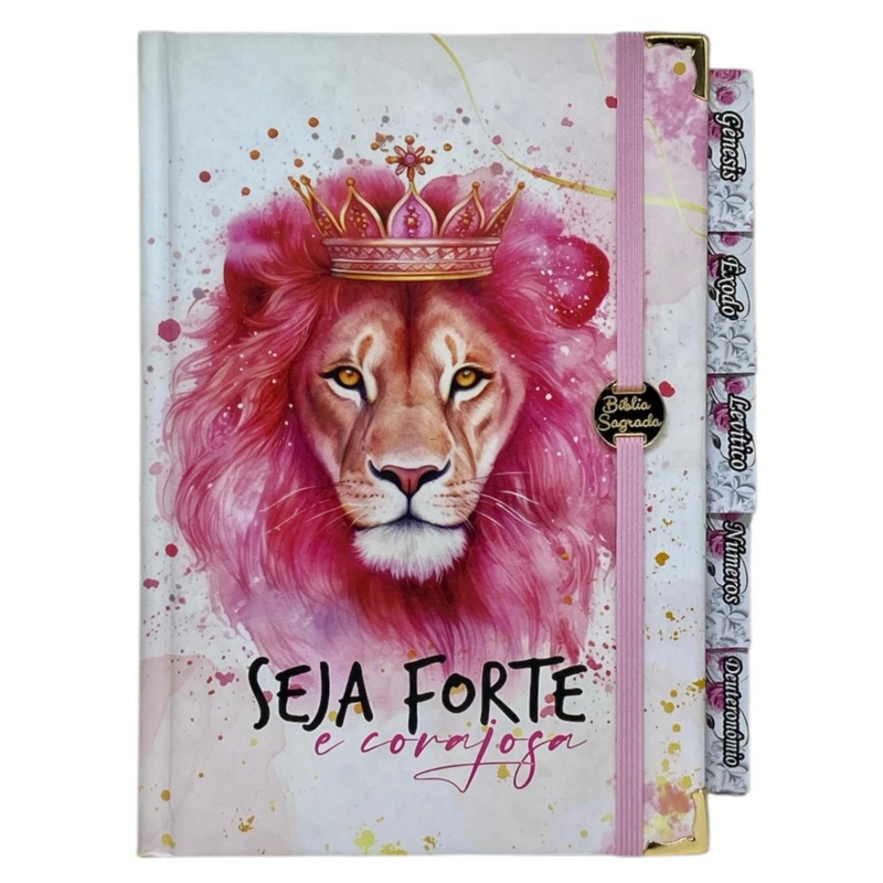 Bíblia Capa Dura Com Elástico Rosa E Medalhão Letra Gigante Com Harpa - Seja Forte E Aba Feminina