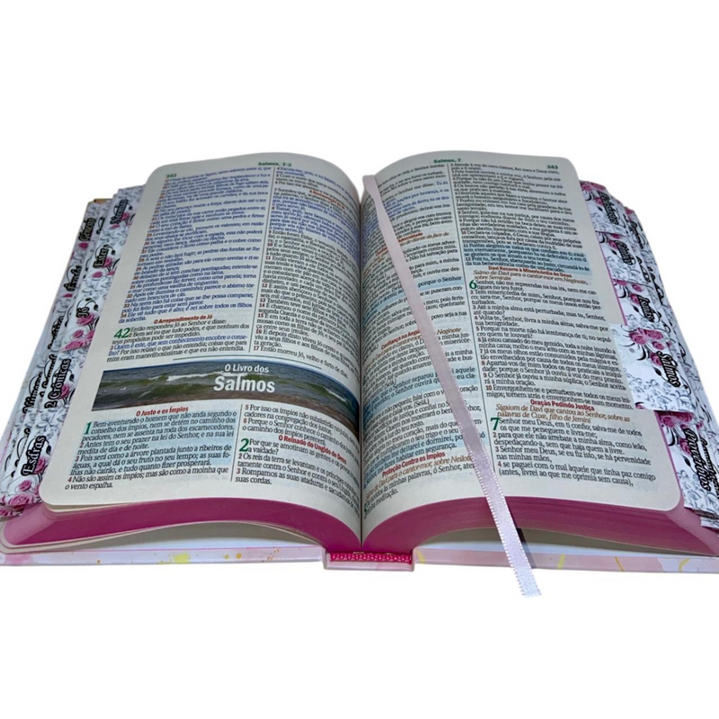 Bíblia Capa Dura Com Elástico Rosa E Medalhão Letra Gigante Com Harpa - Seja Forte E Aba Feminina
