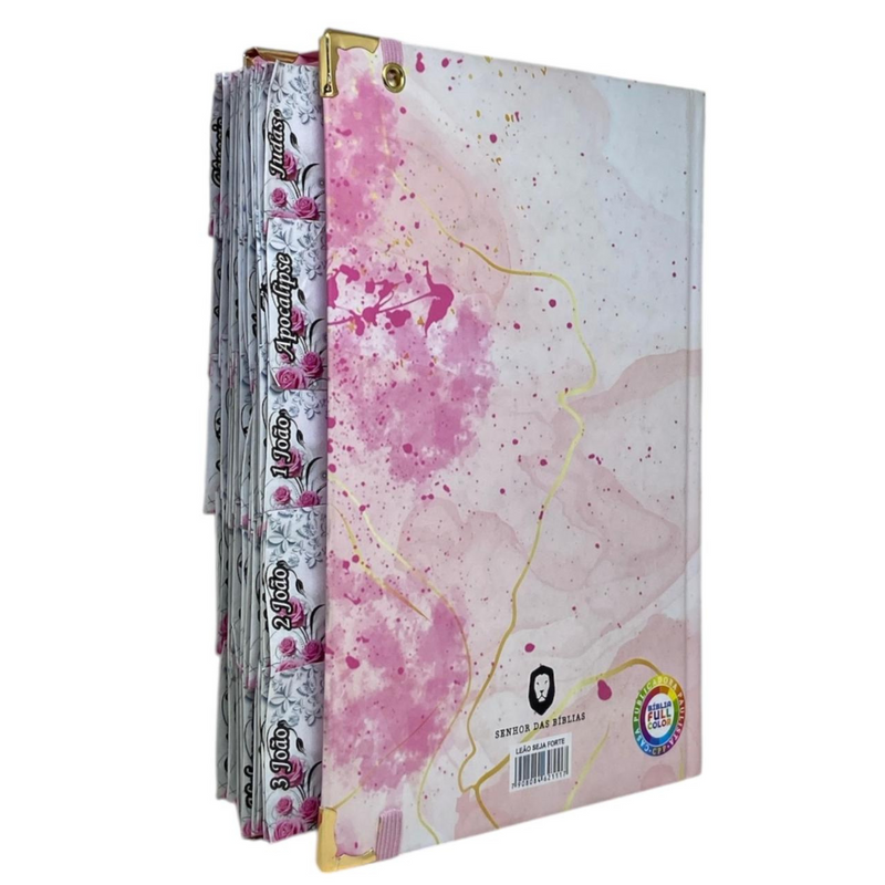 Bíblia Capa Dura Com Elástico Rosa E Medalhão Letra Gigante Com Harpa - Seja Forte Abas Já Coladas