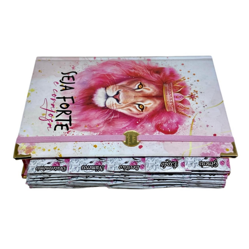 Bíblia Capa Dura Com Elástico Rosa E Medalhão Letra Gigante Com Harpa - Seja Forte Abas Já Coladas
