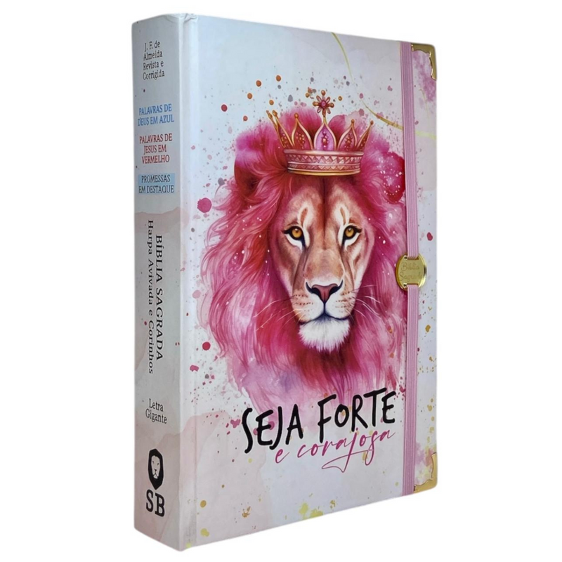 Bíblia Capa Dura Com Elástico Rosa E Medalhão Letra Gigante Com Harpa - Seja Forte + Índice