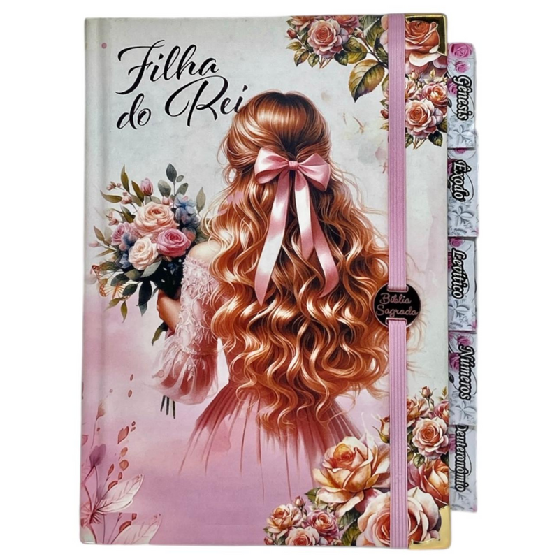 Bíblia Capa Dura Com Elástico Rosa E Medalhão Letra Gigante Com Harpa - Filha Do Rei E Aba Feminina