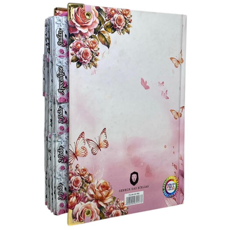 Bíblia Capa Dura Com Elástico Rosa E Medalhão Letra Gigante Com Harpa - Filha Do Rei Abas Já Coladas