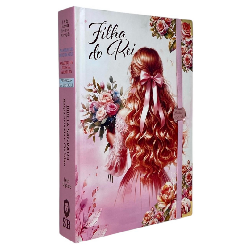 Bíblia Capa Dura Com Elástico Rosa E Medalhão Letra Gigante Com Harpa - Filha Do Rei + Índice