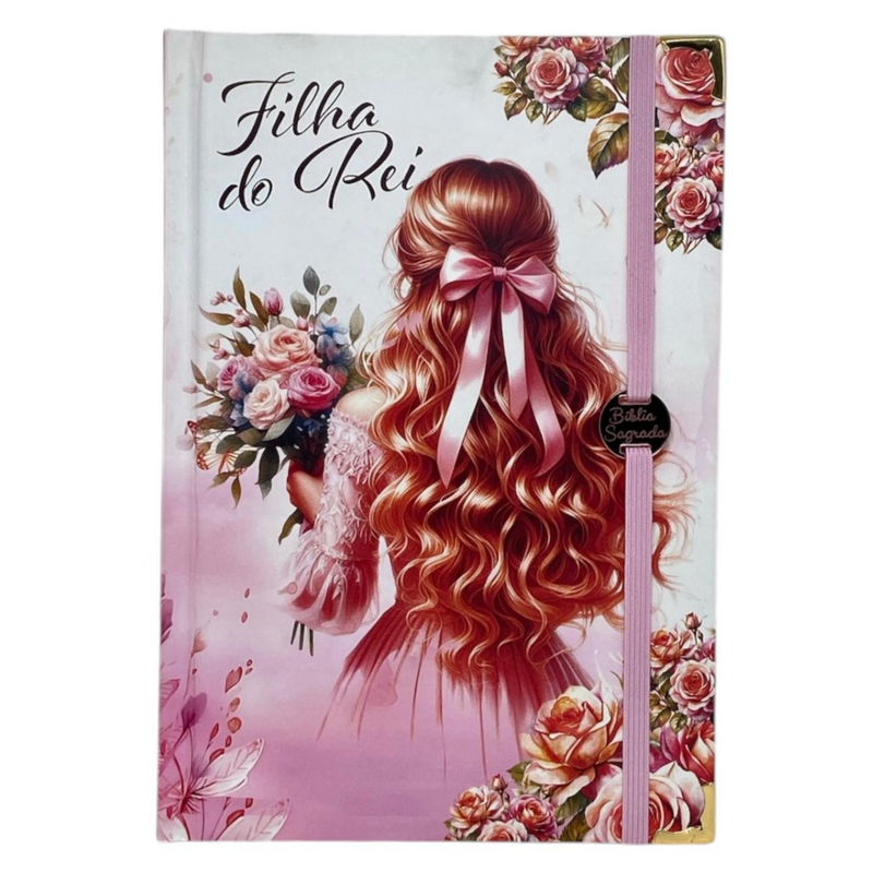Bíblia Capa Dura Com Elástico Rosa E Medalhão Letra Gigante Com Harpa - Filha Do Rei + Índice