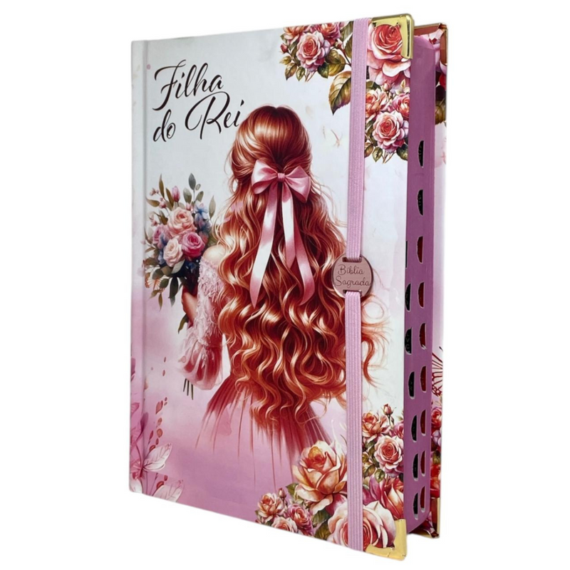 Bíblia Capa Dura Com Elástico Rosa E Medalhão Letra Gigante Com Harpa - Filha Do Rei + Índice