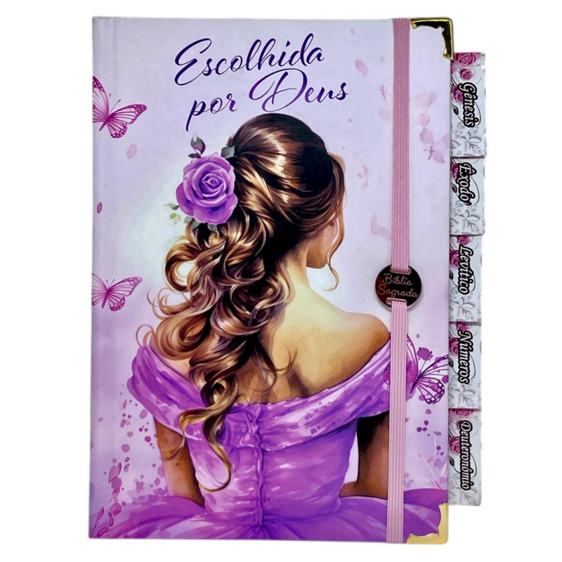 Bíblia Capa Dura Com Elástico Rosa E Medalhão Letra Gigante Com Harpa - Escolhida por Deus E Aba Feminina