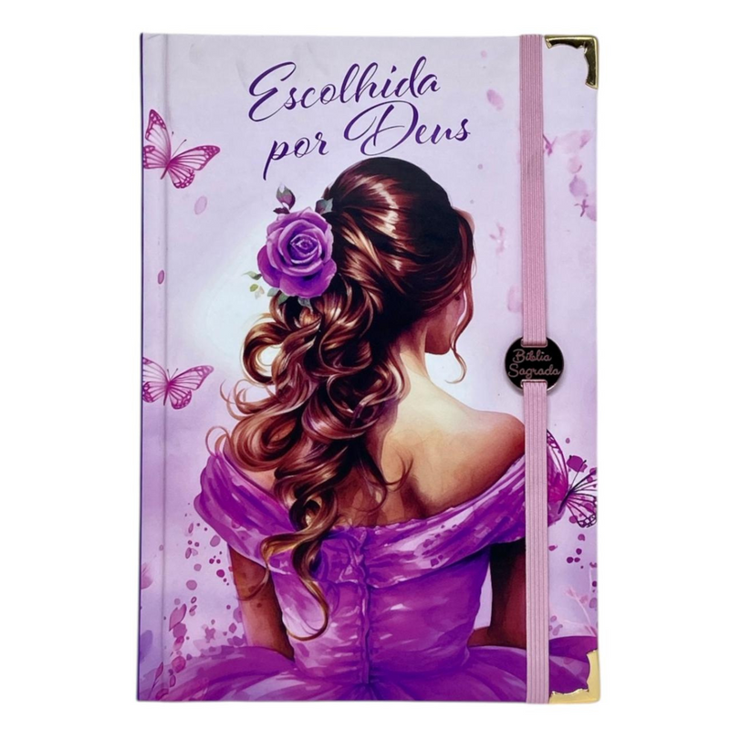 Bíblia Capa Dura Com Elástico Rosa E Medalhão Letra Gigante Com Harpa - Escolhida por Deus E Índice