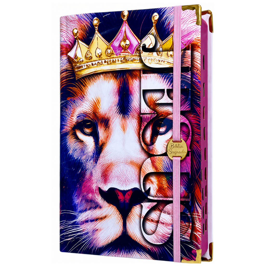 Bíblia Capa Dura com Elástico Rosa e Medalhão Dourado Letra Gigante - Leão Coroa + Índice