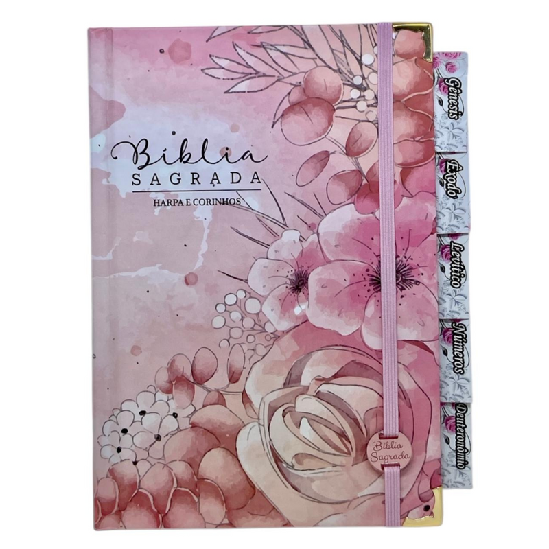 Bíblia Jardim Rosa Letra Hipergigante Capa Dura Com Harpa e Aba Feminina Arc Com Elástico
