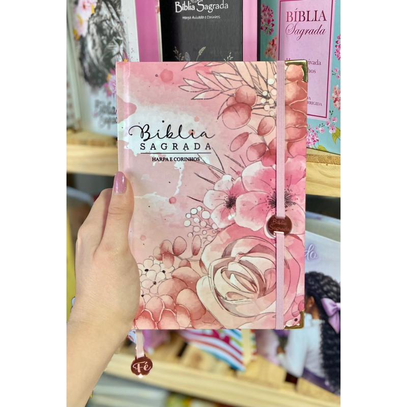 Bíblia Sagrada Letra Hipergigante PPM Capa Dura Jardim Rosa Feminina Com Harpa ARC e Índice