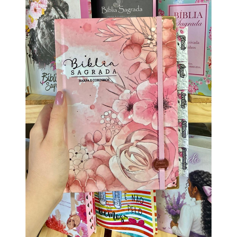 Bíblia Jardim Rosa Letra Hipergigante Capa Dura Com Harpa e Aba Feminina Arc Com Elástico