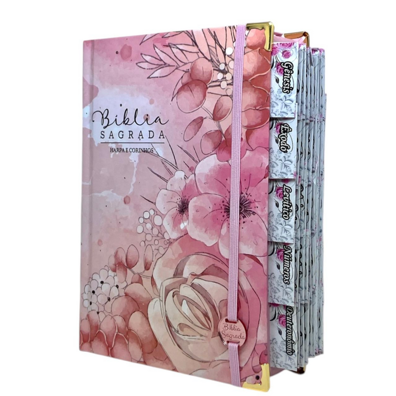 Bíblia Jardim Rosa Letra Hipergigante Capa Dura Com Harpa e Aba Feminina Arc Com Elástico