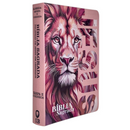 Bíblia Capa Flexível Letra Gigante - Leão Jesus Rosa - Com Índice Miolo Ppm Full Color Versão Arc  Com Harpa E Fitilho