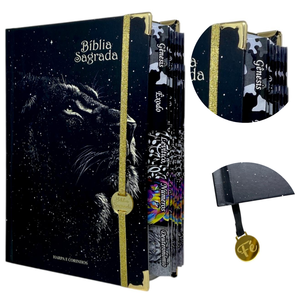 Bíblia Evangélica Com Harpa Com Elástico e Abas Adesivas Capa Dura Letra Hipergigante Leão Universo