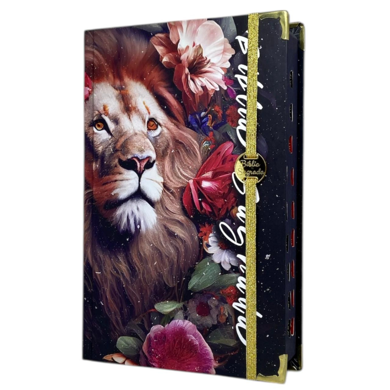 Bíblia Capa Dura Com Elástico Dourado E Medalhão Letra Gigante - Leão Jardim + Índice