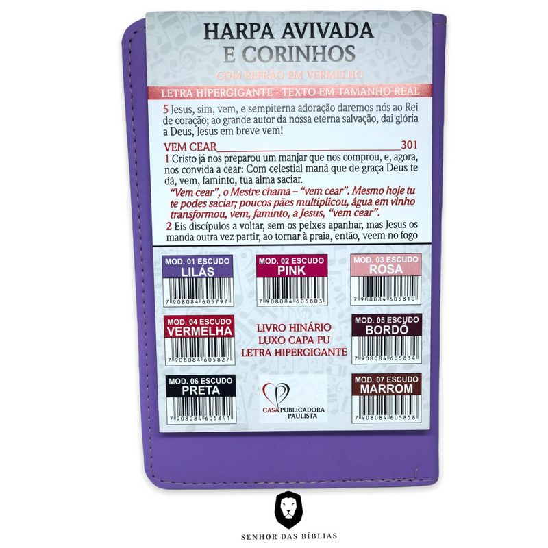 Livro Escudo Lilás Hinário Harpa Avivada e Corinhos Capa PU Almofadada Letra Hipergigante