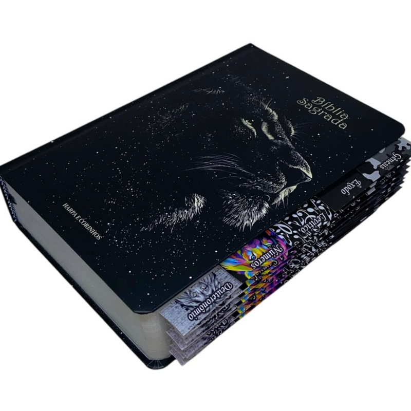 Bíblia Capa Dura Letra Hipergigante Com Abas Índice Adesivo - Leão Universo  Arc Com Harpa