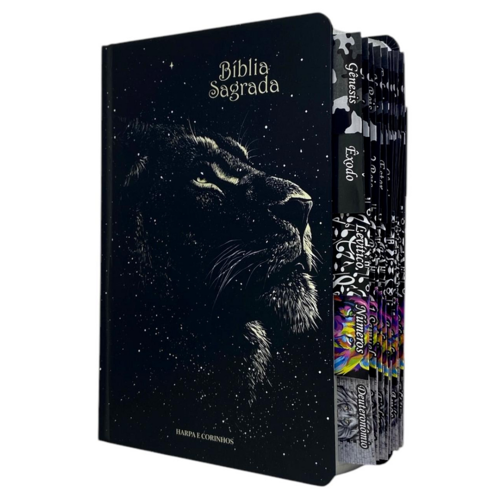 Bíblia Capa Dura Letra Hipergigante Com Abas Índice Adesivo - Leão Universo  Arc Com Harpa