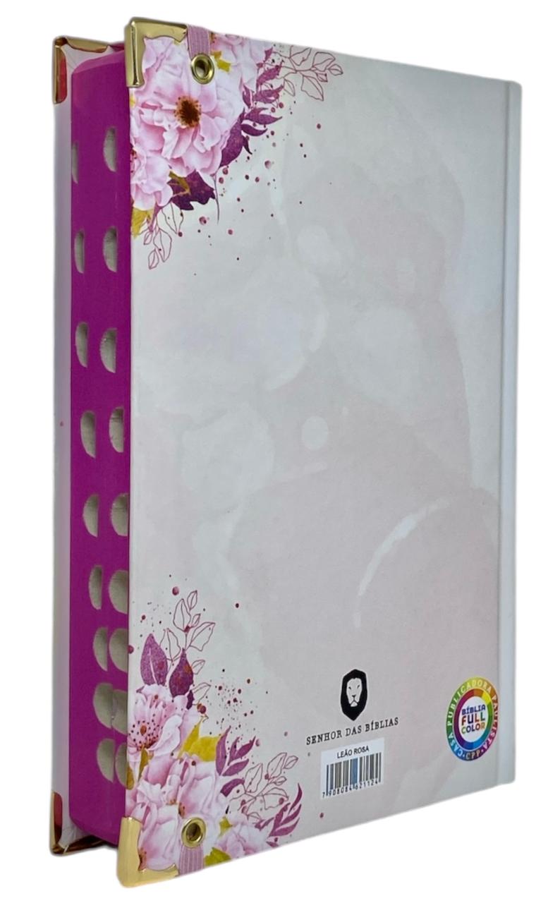 Bíblia Capa Dura Com Elástico Rosa E Medalhão Letra Gigante Com Harpa - Leão Flores Rosa E Índice