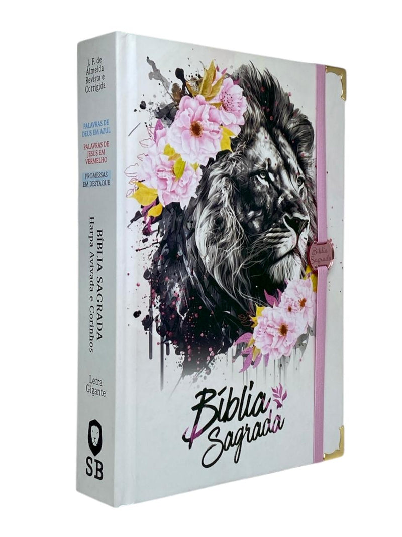 Bíblia Capa Dura Com Elástico Rosa E Medalhão Letra Gigante Com Harpa - Leão Flores Rosa E Índice