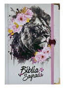 Bíblia Capa Dura Com Elástico Rosa E Medalhão Letra Gigante Com Harpa - Leão Flores Rosa E Índice