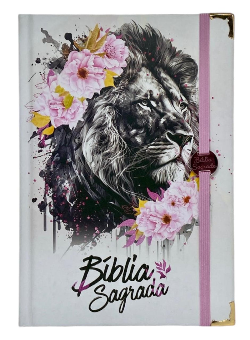 Bíblia Capa Dura Com Elástico Rosa E Medalhão Letra Gigante Com Harpa - Leão Flores Rosa E Índice