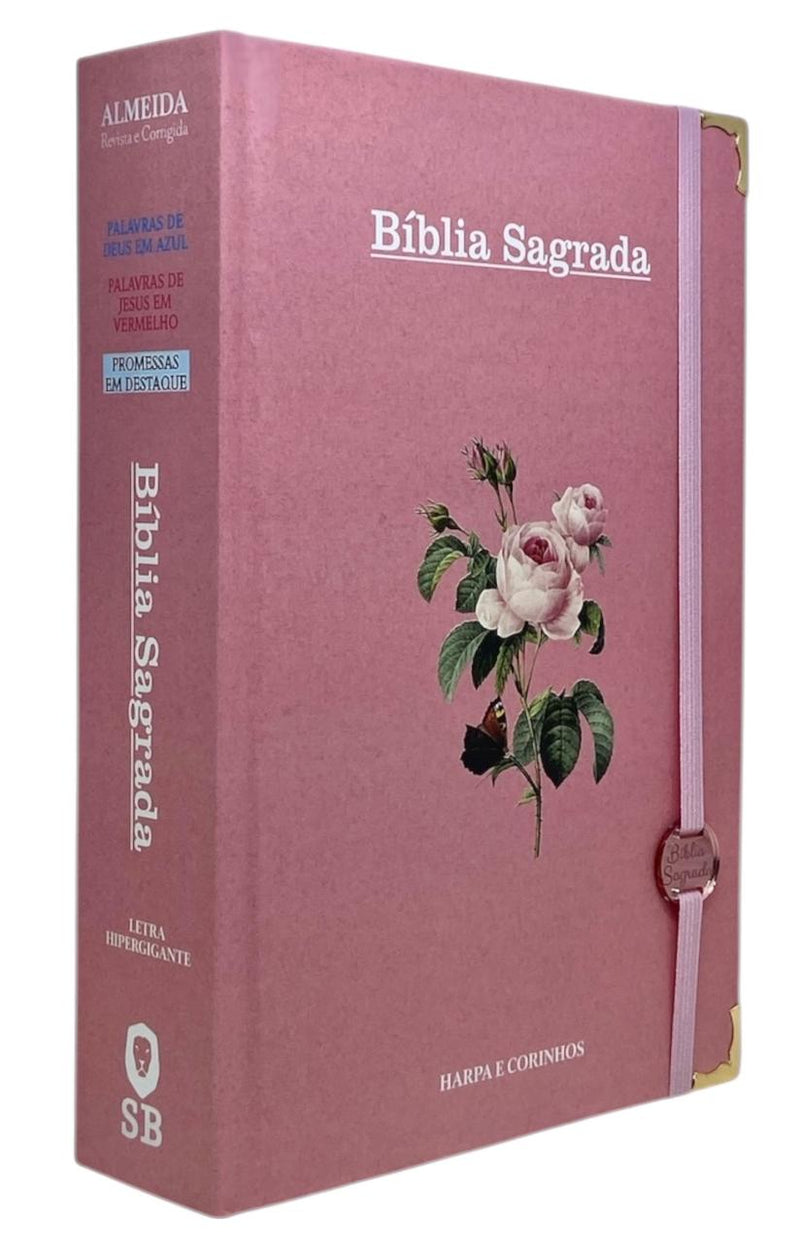Bíblia Sagrada Letra Hipergigante PPM Capa Dura Flor Rosa Feminina Com Harpa ARC e Índice