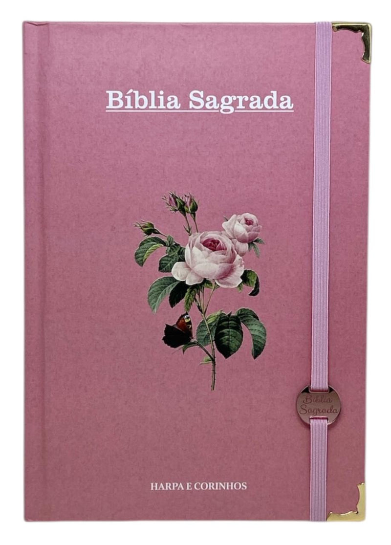 Bíblia Sagrada Letra Hipergigante PPM Capa Dura Flor Rosa Feminina Com Harpa ARC e Índice