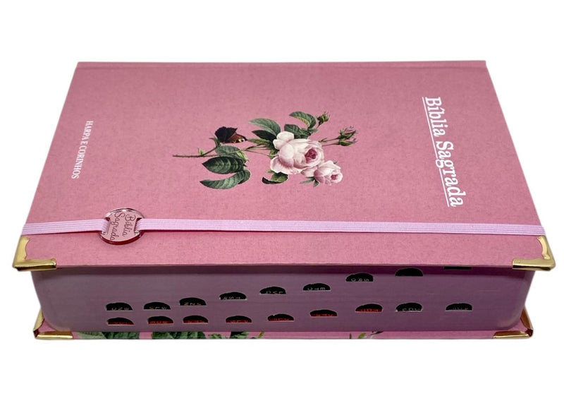 Bíblia Sagrada Letra Hipergigante PPM Capa Dura Flor Rosa Feminina Com Harpa ARC e Índice