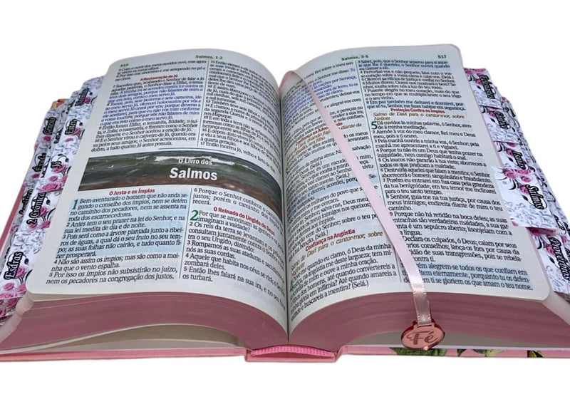 Bíblia Sagrada Letra Hipergigante PPM Capa Dura Flor Rosa Feminina Com Harpa e Abas Adesivas ARC