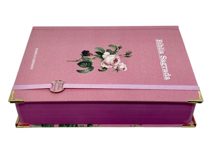 Bíblia Sagrada Letra Hipergigante PPM Capa Dura Flor Rosa Feminina Com Harpa ARC
