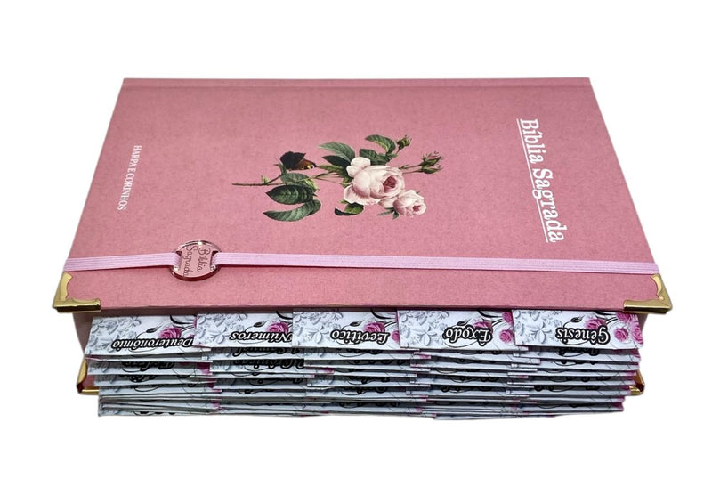 Bíblia Sagrada Letra Hipergigante PPM Capa Dura Flor Rosa Feminina Com Harpa e Abas Adesivas ARC