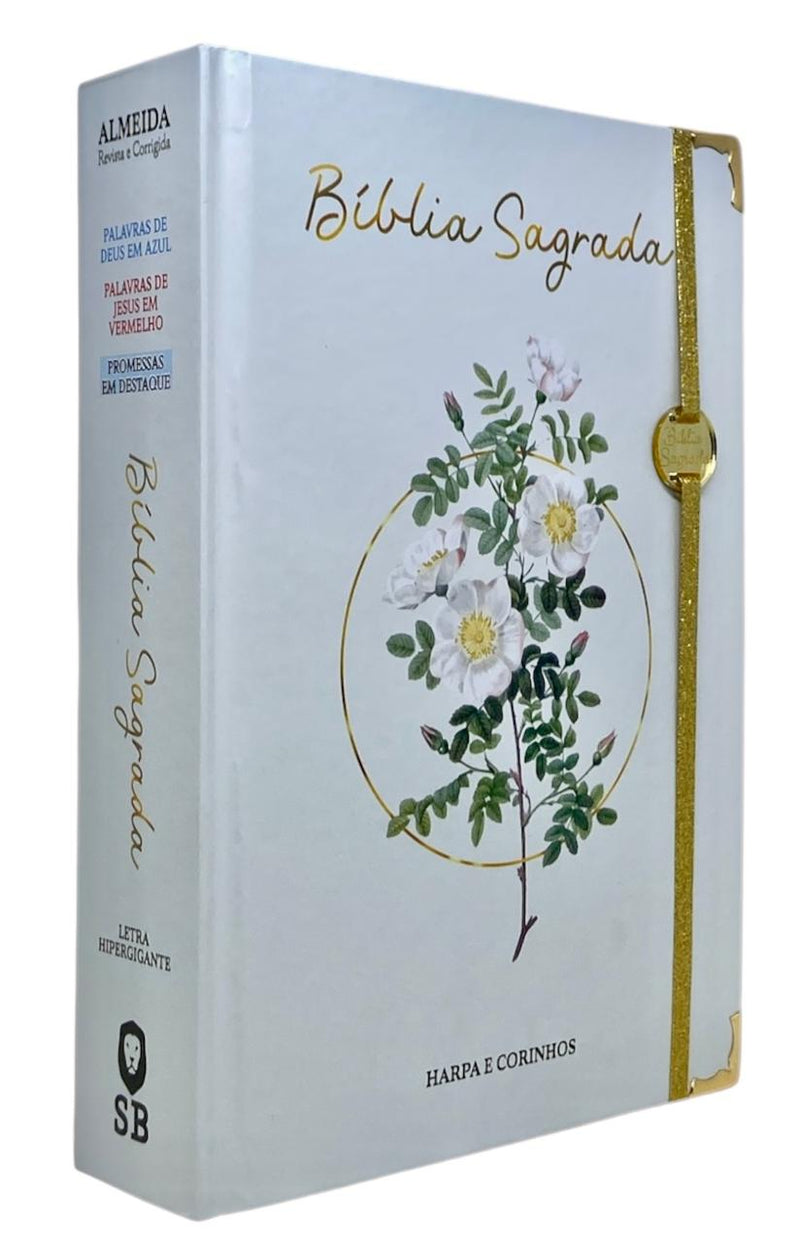 Bíblia Sagrada Letra Hipergigante PPM Capa Dura Flores Branca Feminina Com Harpa ARC Com Índice
