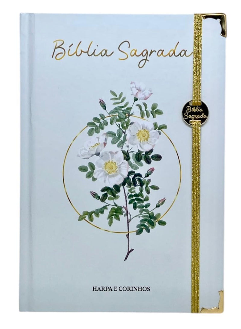 Bíblia Sagrada Letra Hipergigante PPM Capa Dura Flores Branca Feminina Com Harpa ARC Com Índice