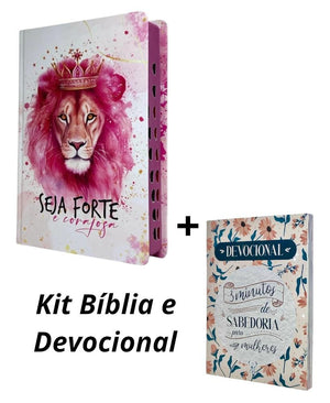 Kit Bíblia Feminina Leão Seja Forte e Corajosa Branca  Com Índice + Devocional Lettering 3 Minutos de Sabedoria Para Mulheres