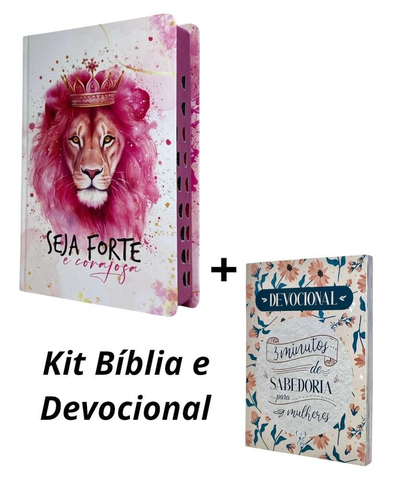 Kit Bíblia Feminina Leão Seja Forte e Corajosa Branca  Com Índice + Devocional Lettering 3 Minutos de Sabedoria Para Mulheres