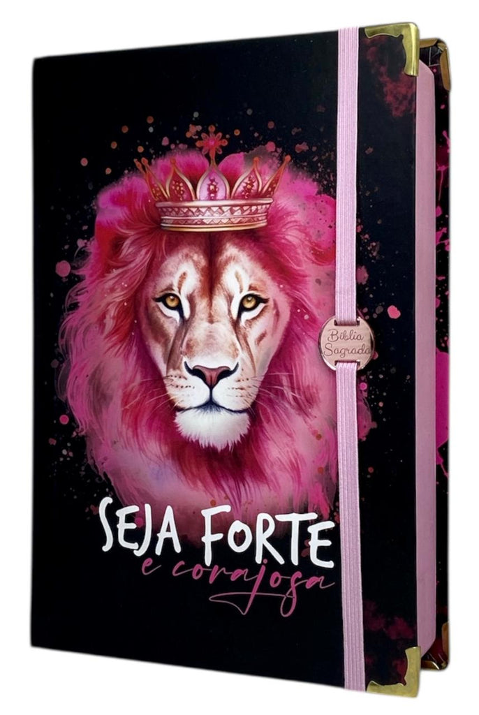 Bíblia Capa Dura Com Elástico Rosa e Medalhão Letra Gigante Com Harpa - Seja Forte E Corajosa Preta