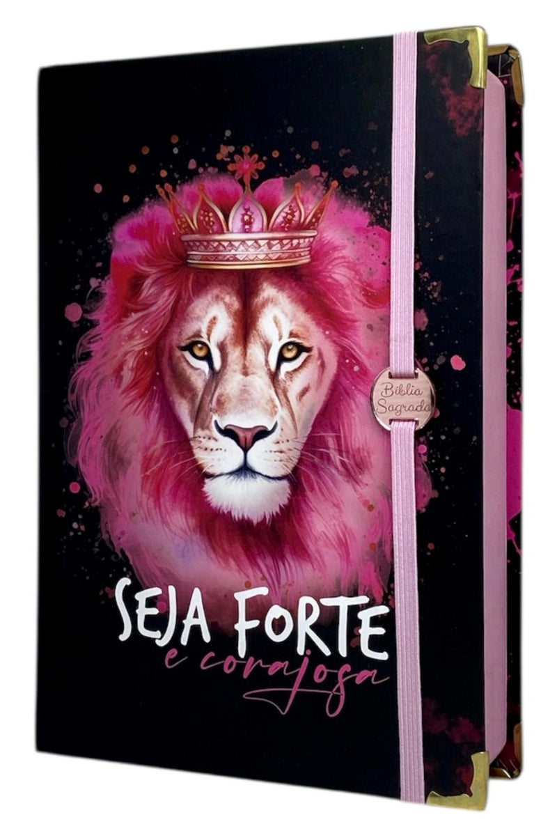 Bíblia Capa Dura Com Elástico Rosa e Medalhão Letra Gigante Com Harpa - Seja Forte E Corajosa Preta